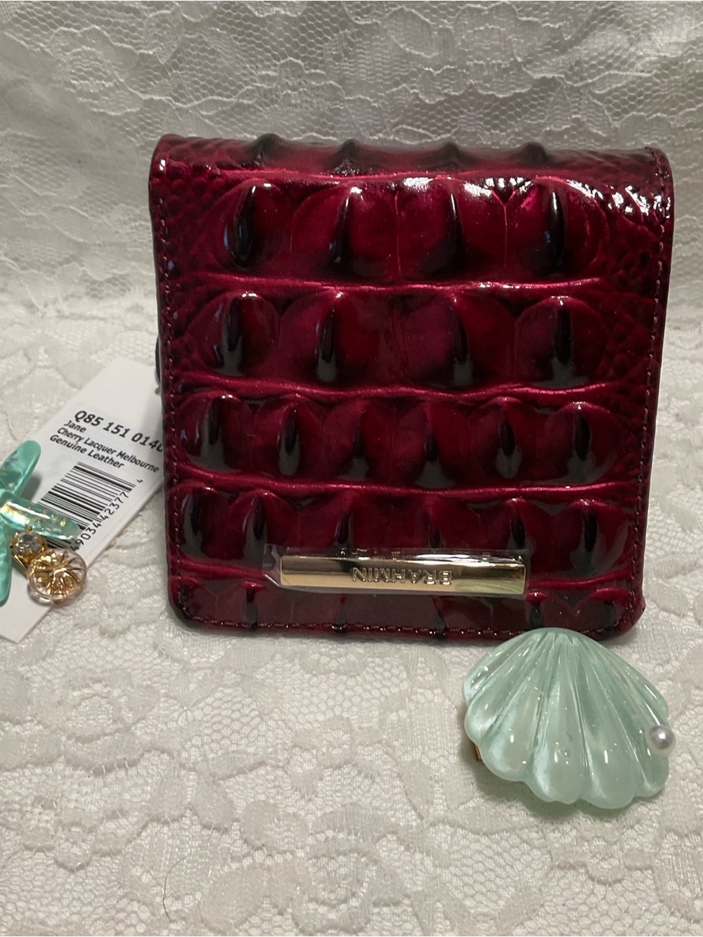NWT BRAHMIN 	RED Croc-Embossed Compact Wallet with Gold Plate